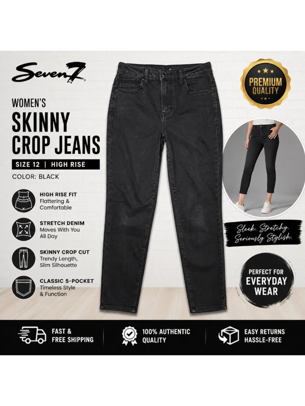 Seven7 Skinny Crop Jeans Women Size 12 Black High Rise Stretch Denim Pants